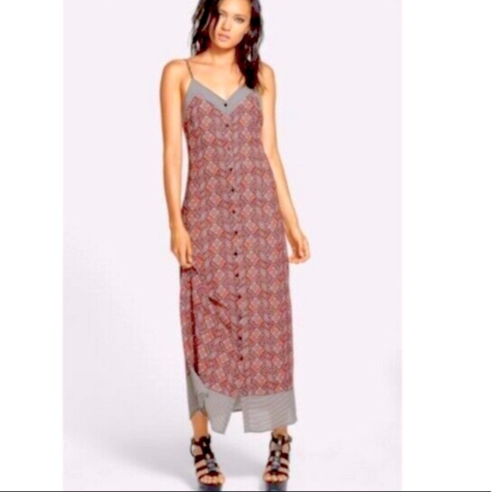 ASTR Boho Diamond and Stripe Maxi Spaghetti Strap Button Front Dress